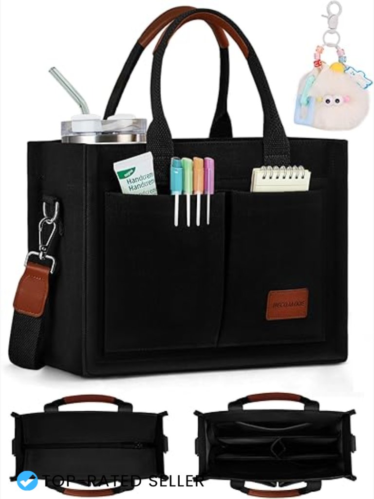 Structured Canvas Tote Bag Multi-Compartment Zippered Purse Work Travel With